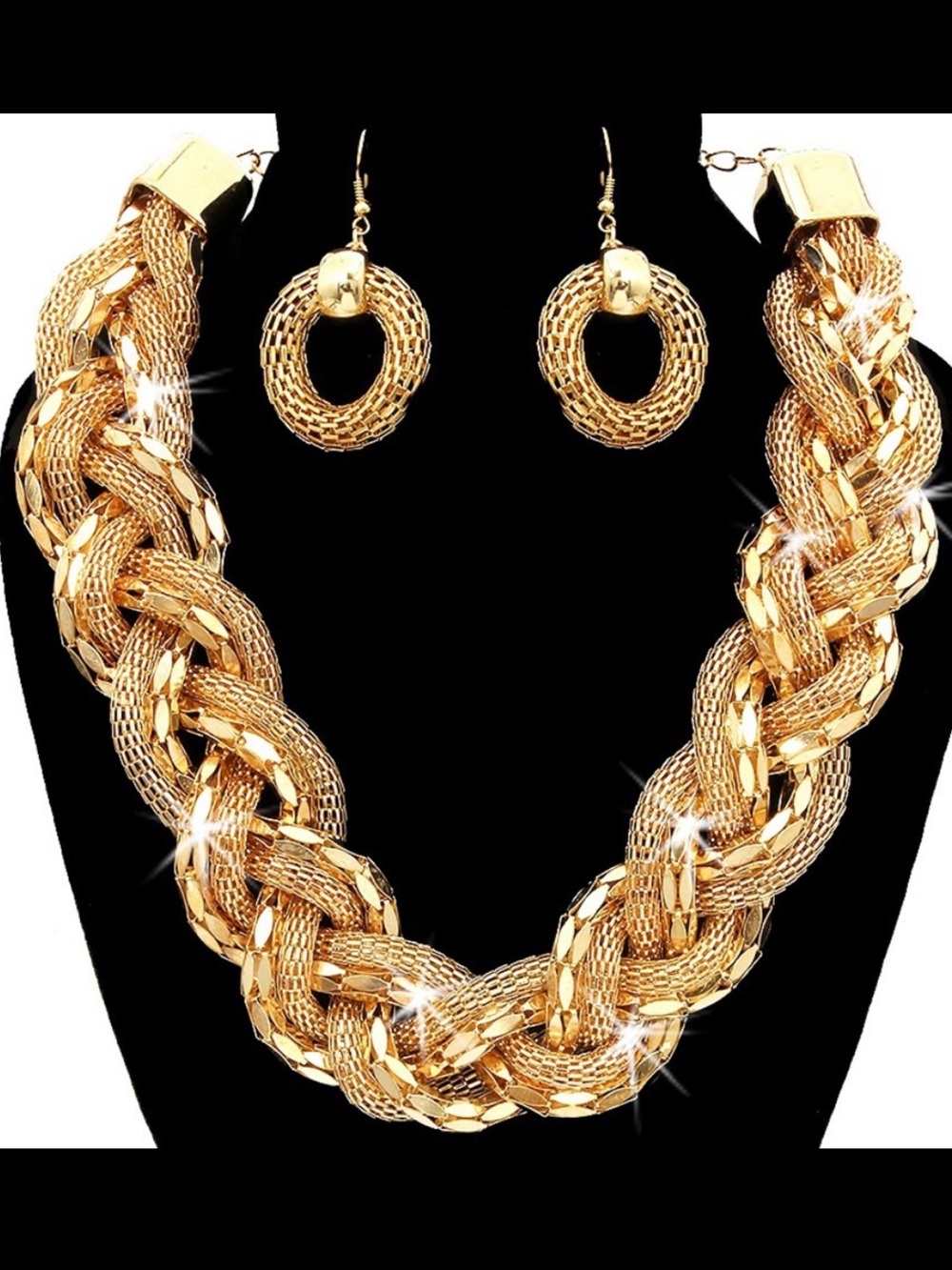 Mesh Diamond Cut Chain Link TWISTED statement bling Necklace Dangle Earrings Set